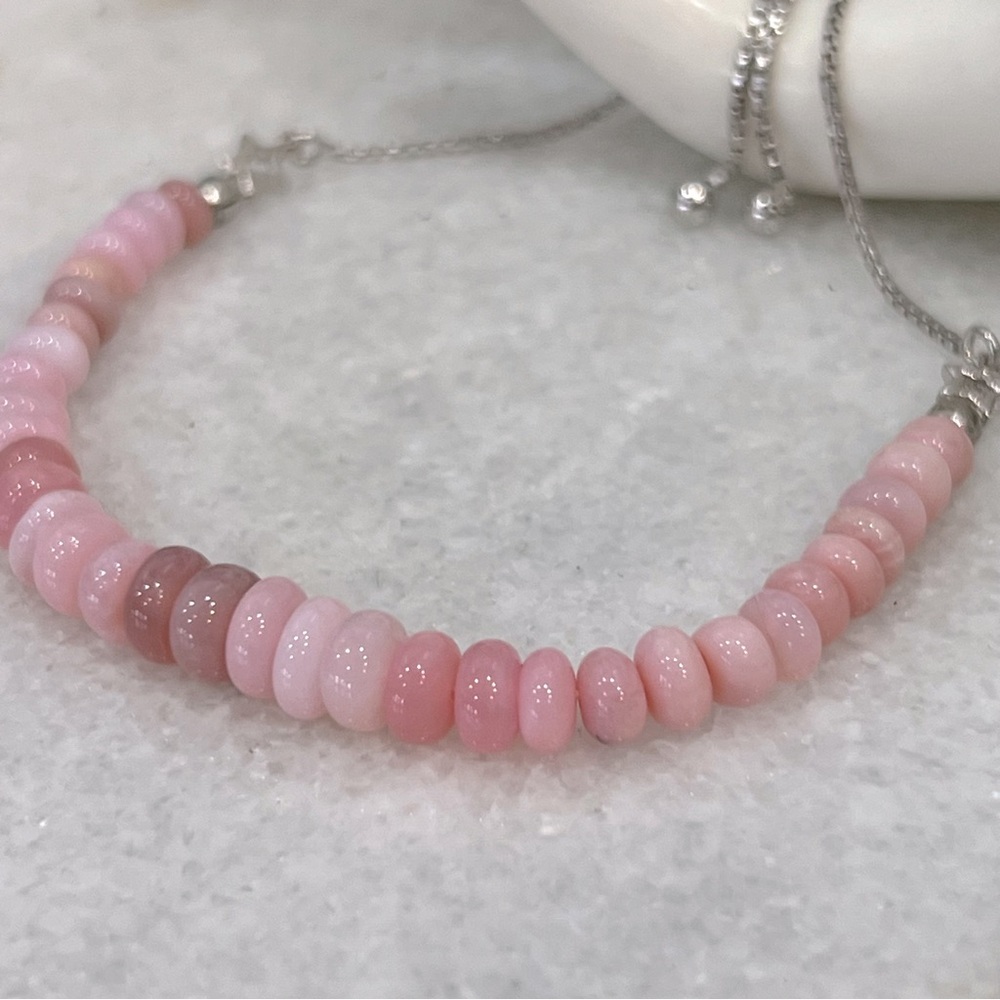 Peruvian Pink Opal Bead Sterling Silver BOLO Bracelet - Picture 3 of 9